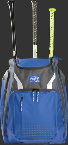 Front view of a royal Rawlings Legion baseball backpack with 3 bats in the back - SKU: LEGION-R