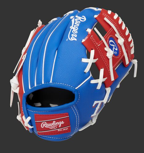 Back of a blue/red Texas Rangers 10-inch I-web glove with a red Rawlings patch - SKU: 22000022111