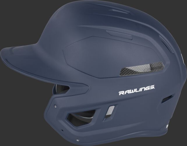 Left side of a CAR07A MACH Carbon batting helmet with a matte navy shell and carbon fiber plate insert