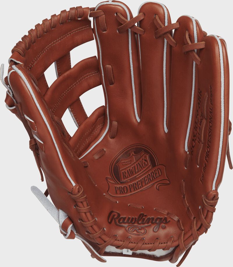 PROS3029-6BR 12.75-inch Rawlings outfield glove with a bruciato palm and dark tan laces