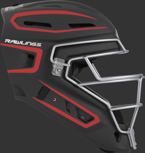 Right side of a black/scarlet CHV27J Velo 2.0 adult size catcher's helmet