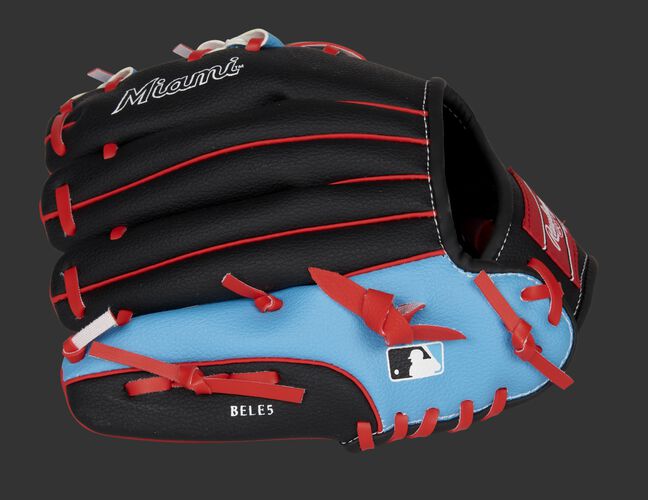 Back of a black/light blue Miami Marlins 10-inch youth glove with the MLB logo on the pinky - SKU: 22000016111