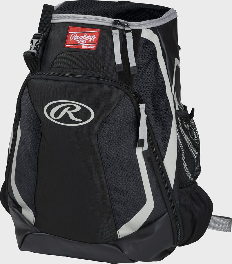 Left side of a black R500 Players team backpack with white trim