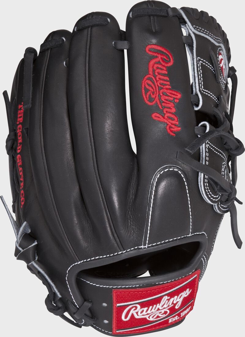 Back view of a black PRO206-9JB Rawlings 12-inch infield/pitcher's glove
