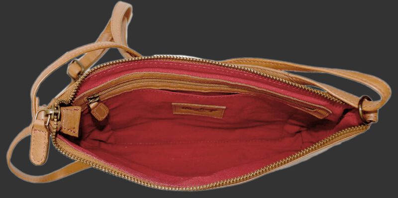 Inside of a tan leather cross mini bag purse with red lining - SKU: MW471-204
