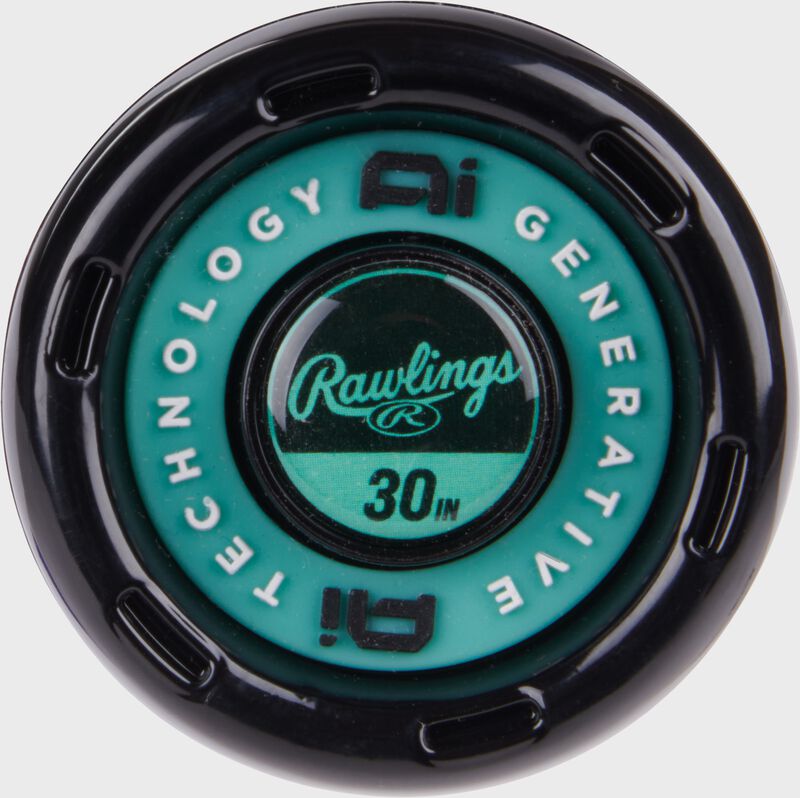 Black/mint knob of a Rawlings Mach AI 30 in -10 USA Baseball bat