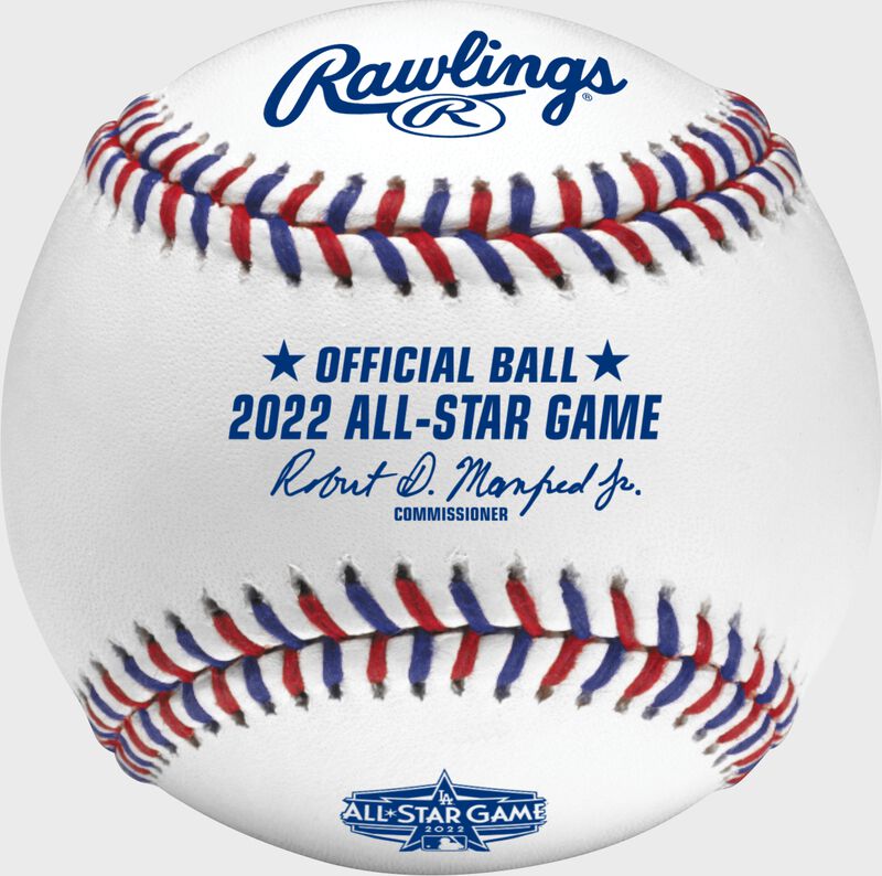 A 2022 Rawlings MLB commemorative All-Star game baseball with the 2022 ASG logo and red/blue stitching - SKU: EA-ASBB22-R