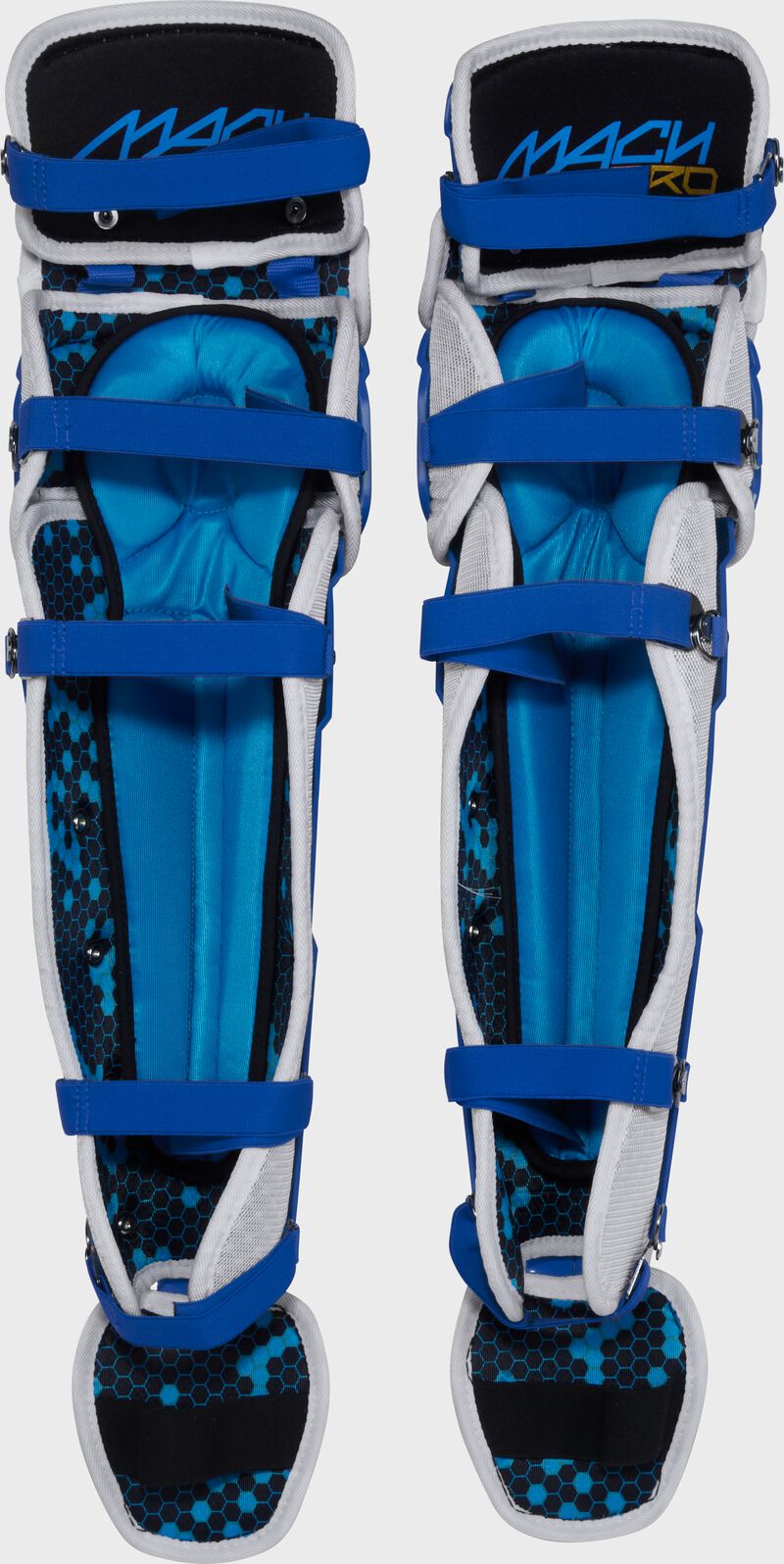 Padding of a set of royal Rawlings Mach Pro Series leg guards with the leg straps connected loading=