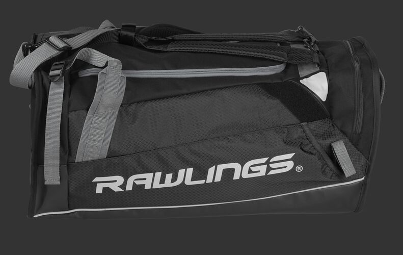 Side of a black R601 Hybrid backpack/duffel players bag with black trim and a white Rawlings logo on the bat sleeve