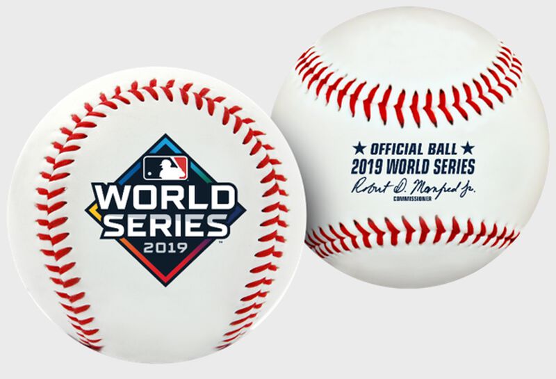 Two views of a 2019 World Series replica ball with the World Series logo printed on one and the Official ball on the other