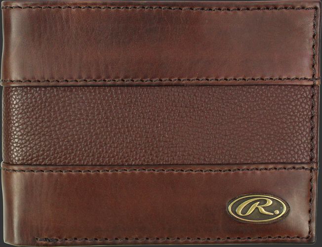 A brown RW80004-200 Bases Loaded bi-fold wallet folded close with a gold Oval R logo in the bottom right