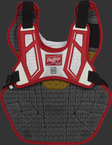 Back harness of a scarlet/white CPV2N intermediate Velo 2.0 chest protector with Dynamic Fit System 2.0