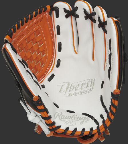 RLA120-3OB Rawlings Liberty Advanced Color Series glove with a white palm, orange web and black laces