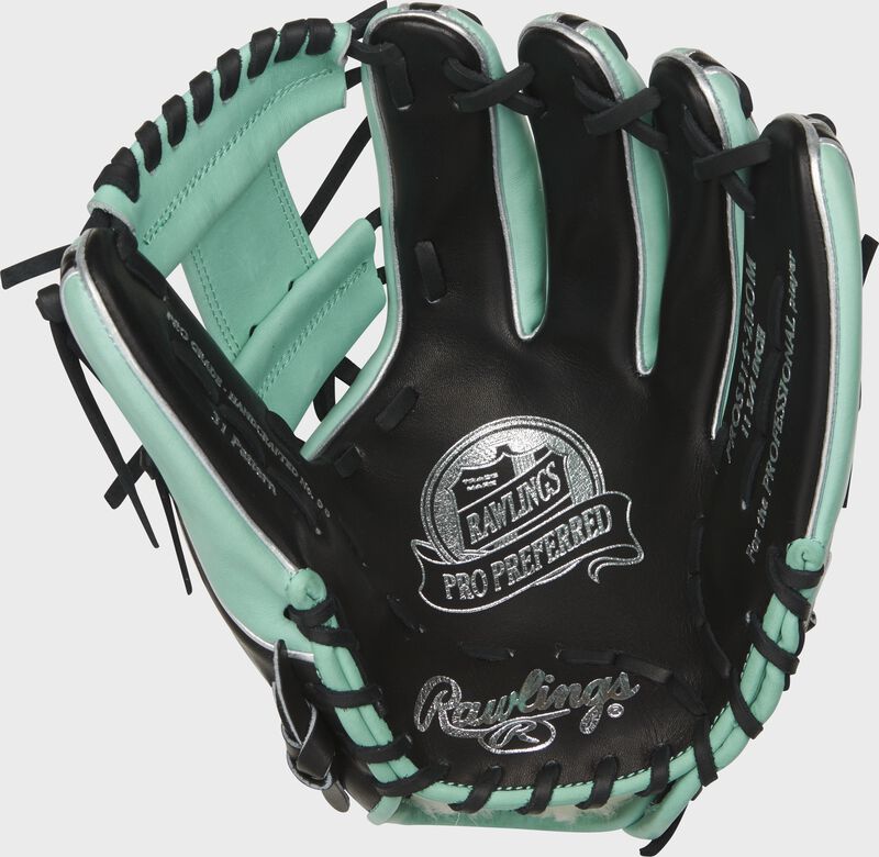 Shell palm view of ocean mint and black 2021 Pro Preferred 11.75-inch infield glove