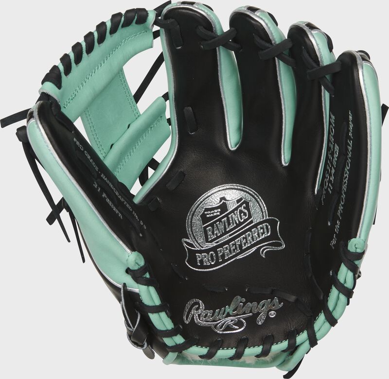 Shell palm view of ocean mint and black 2021 Pro Preferred 11.75-inch infield glove loading=