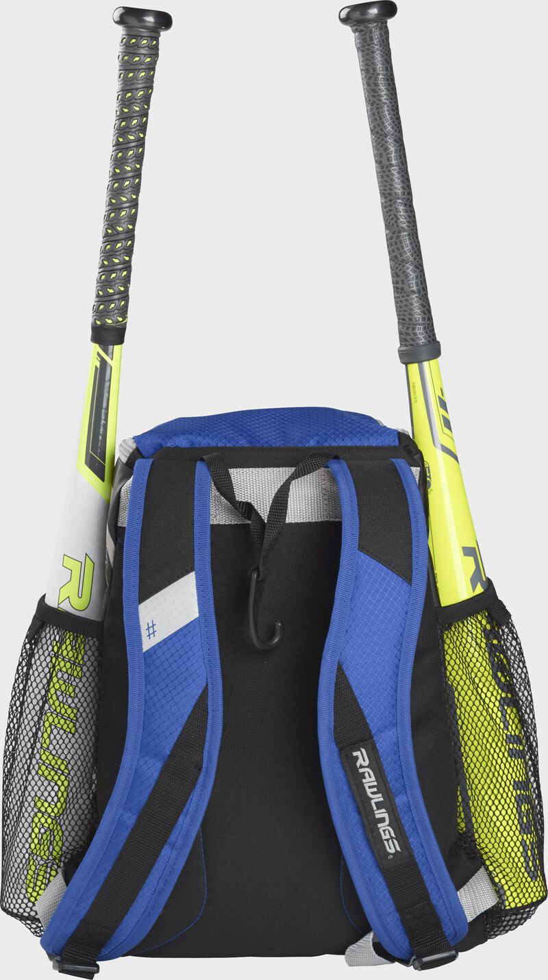 Rear view of a Royal Rawlings Youth Players Team Backpack with two bats | SKU:R400-R