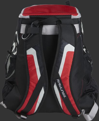 Back of black/scarlet R500 Players team backpack with black/scarlet shoulder straps