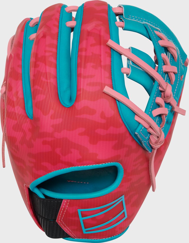 Pink back of a Rawlings Electric Unicorn REV1X 11.5" glove