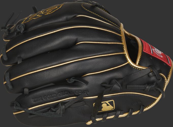 Black finger backs of a R9 series mod-trap web glove with the MLB logo on the pinkie - SKU: R9205-4BG