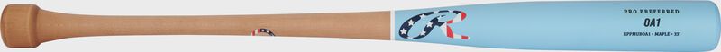 A natural/Columbia blue Rawlings Pro Preferred OA1 maple wood baseball bat shown left to right