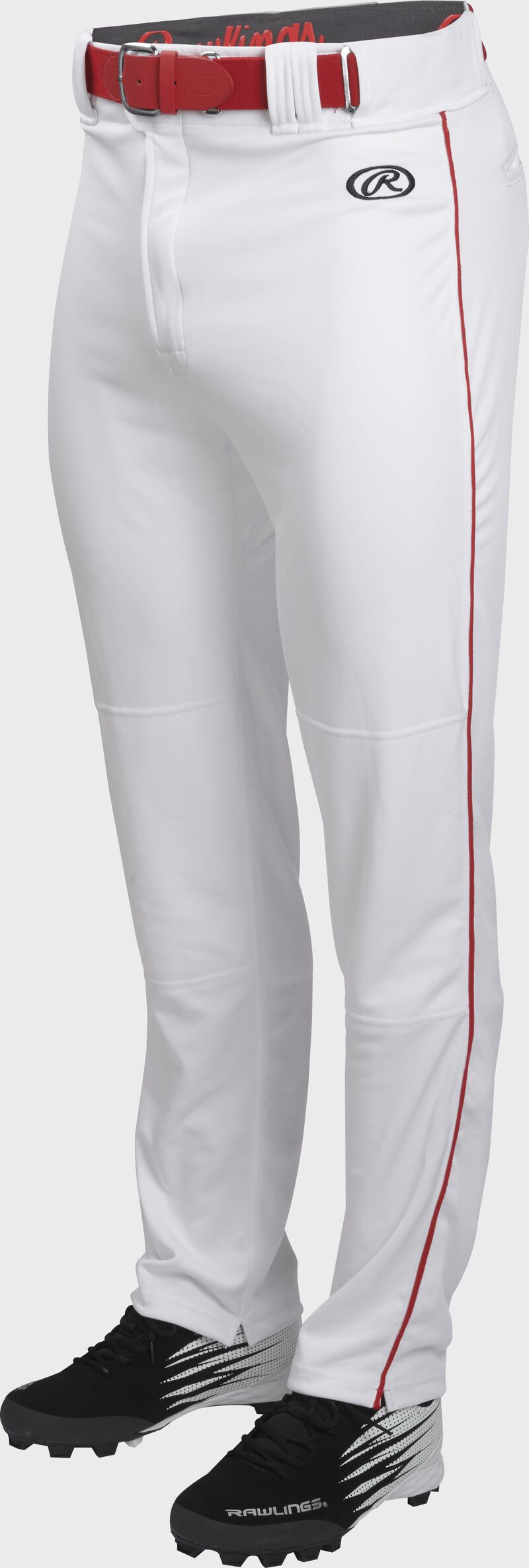 Front of Rawlings White/Scarlet Adult Launch Piped Semi-Relaxed Baseball Pant - SKU #LNCHSRP-W/R