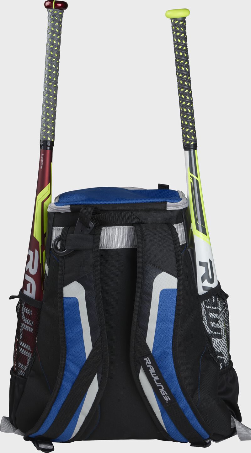 Back of a black/royal R500 team backpack with two bats in the side sleeves