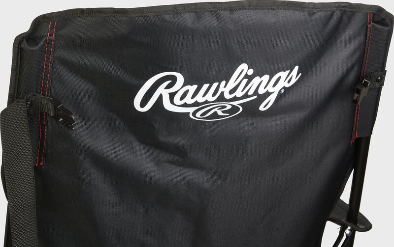 Black back of a Rawlings high back fold-up chair with a white Rawlings logo at the top - SKU: 00184043511