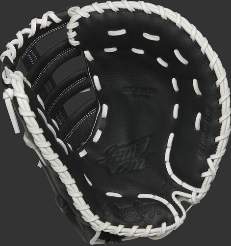 RSOFBMBW Rawlings Shut Out first base mitt with a black palm and white laces