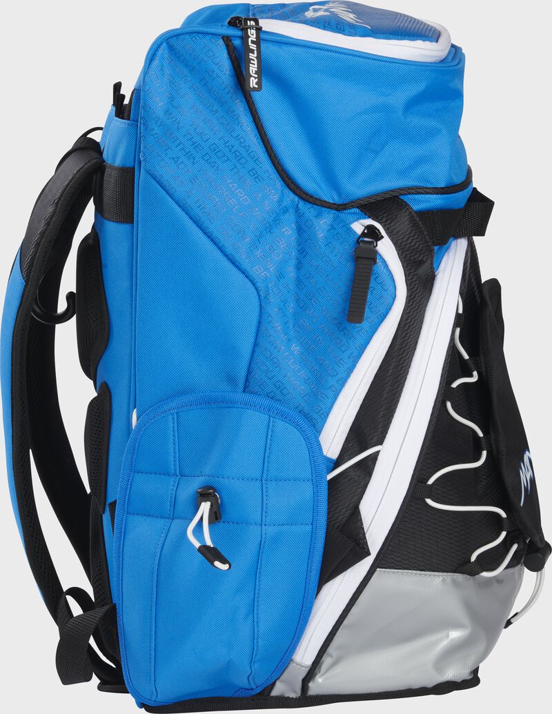Side of a light blue Rawlings Mantra backpack - SKU: R800
