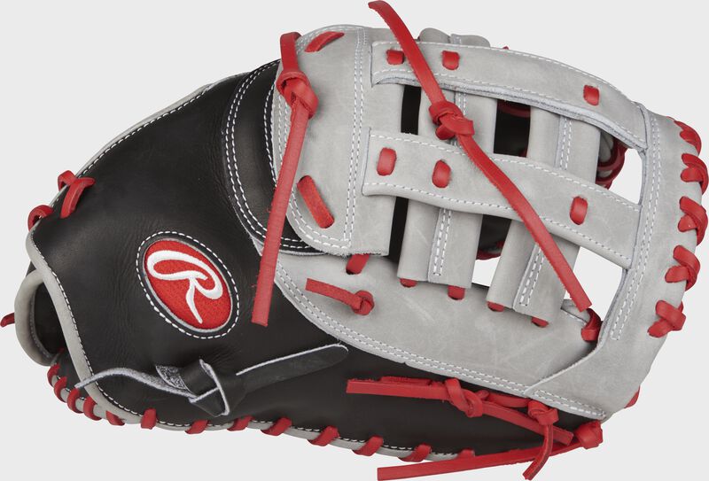 Thumb view of a PROFM20BGS Heart of the Hide 12.25-inch first base mitt with a grey Modified H web