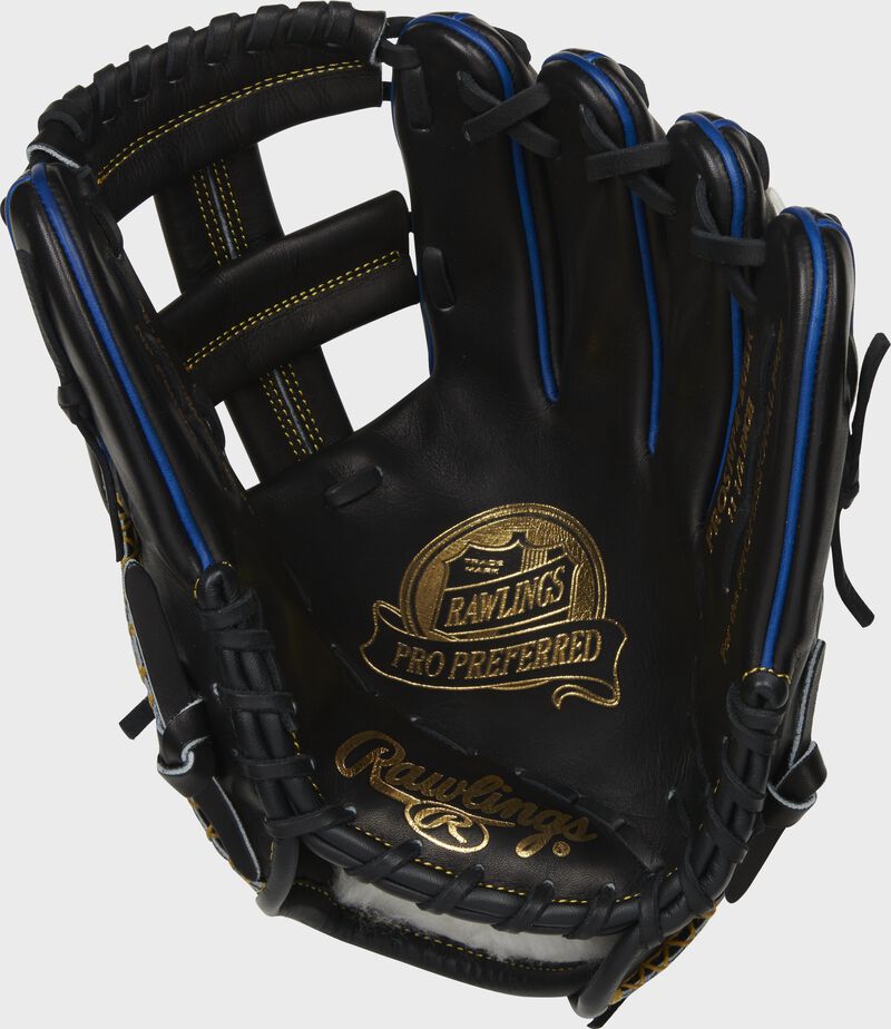 Black palm of a Rawlings Pro Preferred infield glove with black laces and a gold palm stamp - SKU: PROSNP4-20BR loading=