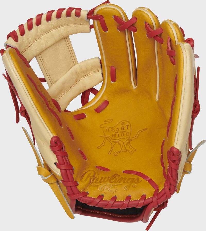 PROFL12-2BU Rawlings Heart of the Hide infield glove with a butterscotch palm, camel web and scarlet laces loading=