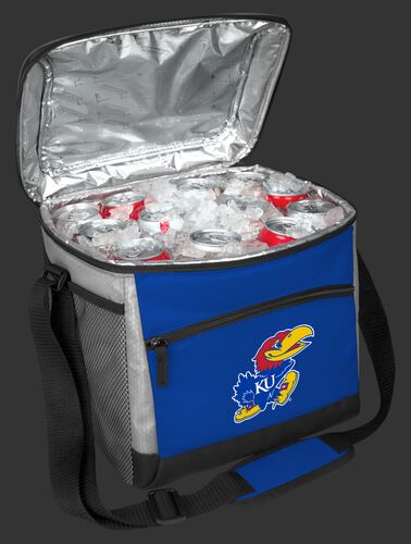 An open Kansas Jayhawks 24 can cooler filled with ice and drinks - SKU: 10223034111