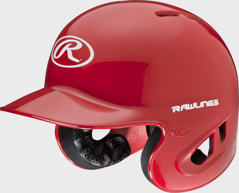 A scarlet S90PA RPR high schoole/college batting helmet with a white Oval R logo on the front
