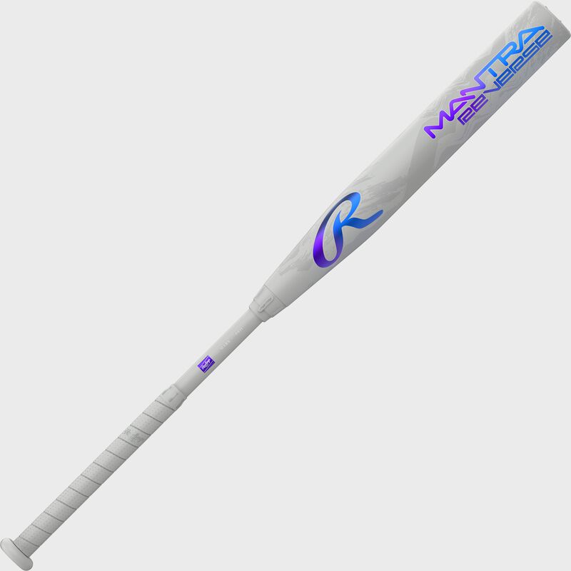 A gray Rawlings Mantra Reverse fastpitch softball bat