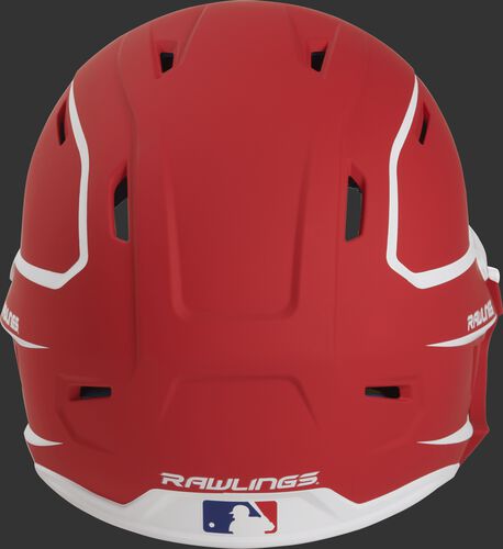 Back of a MACHEXTR high performance senior MACH helmet with a matte scarlet/white shell and Official Batting Helmet of MLB logo