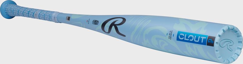 Angled view of a blue Rawlings Clout -10 USSSA bat