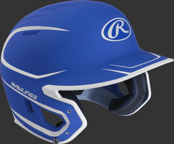 Right angle view of a matte MACH Senior batting helmet with a royal/white shell