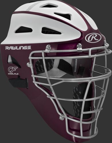 Front right of a maroon/white SBCHVEL Rawlings Velo softball youth catcher's helmet