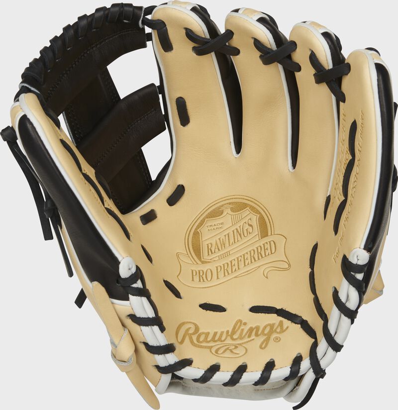 Shell palm view of camel, black, and white 2021 11.5-inch Pro Preferred infield glove
