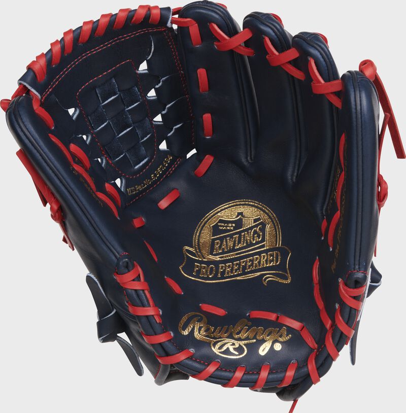 Palm of a navy Rawlings Griffin Canning Gameday 57 glove with scarlet laces and gold stamping - SKU: RSGRPROS19-11GC