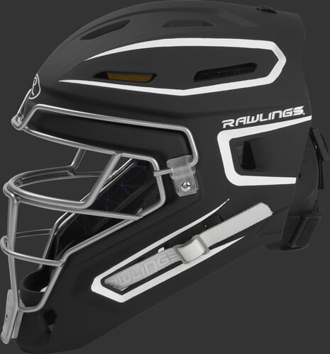 Left side of a black/white CHMCHS Rawlings senior hockey style Mach catcher's helmet