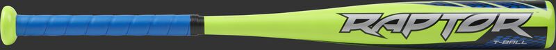 Barrel of a lime green TBZR12 Rawlings 2020 Raptor t-ball bat with grey, black and blue accents