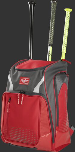 Angle view of a scarlet Legion baseball bat backpack with 3 bats in the back - SKU: LEGION-S
