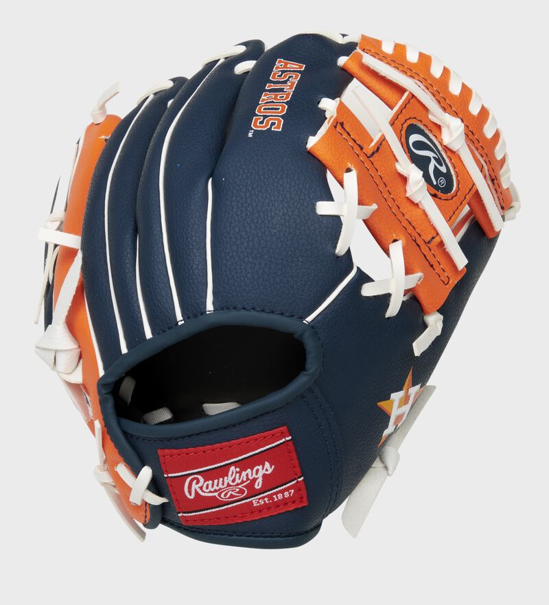 Back of a navy/orange Houston Astros 10-Inch I-web glove with a red Rawlings patch - SKU: 22000002111
