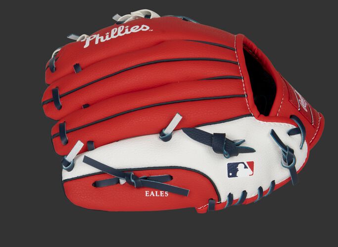 Back of a red/white Philadelphia Phillies 10-inch youth glove with the MLB logo on the pinky - SKU: 22000020111