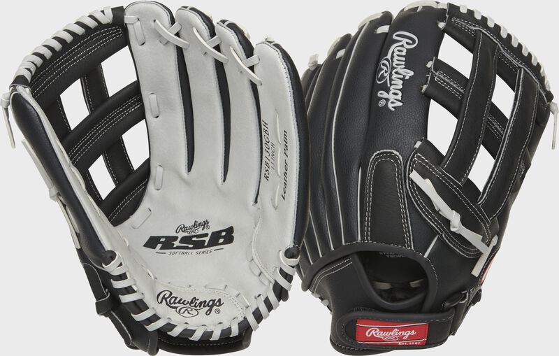 Two images showing the palm & back of a gray/black RSB 13" outfield glove