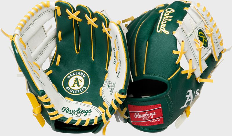 Two images showing the palm & back of an Oakland Athletics team logo youth glove