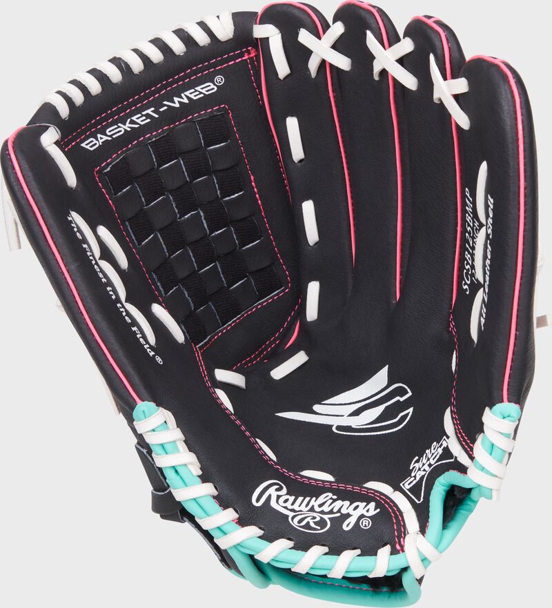 Palm of a black/mint/pink Sure Catch Softball 12.5-inch Youth Softball Glove