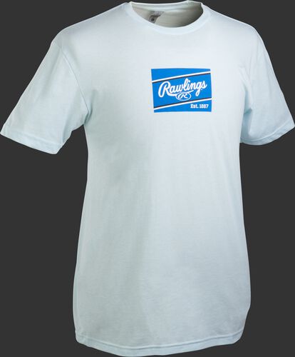 An ice blue Rawlings ColorSync patch short sleeve shirt with a royal/white patch on the chest